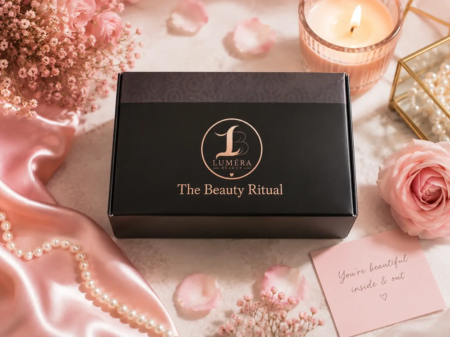 Black LUMÉRA Beauty Ritual presentation box styled with roses, pearls and a candle